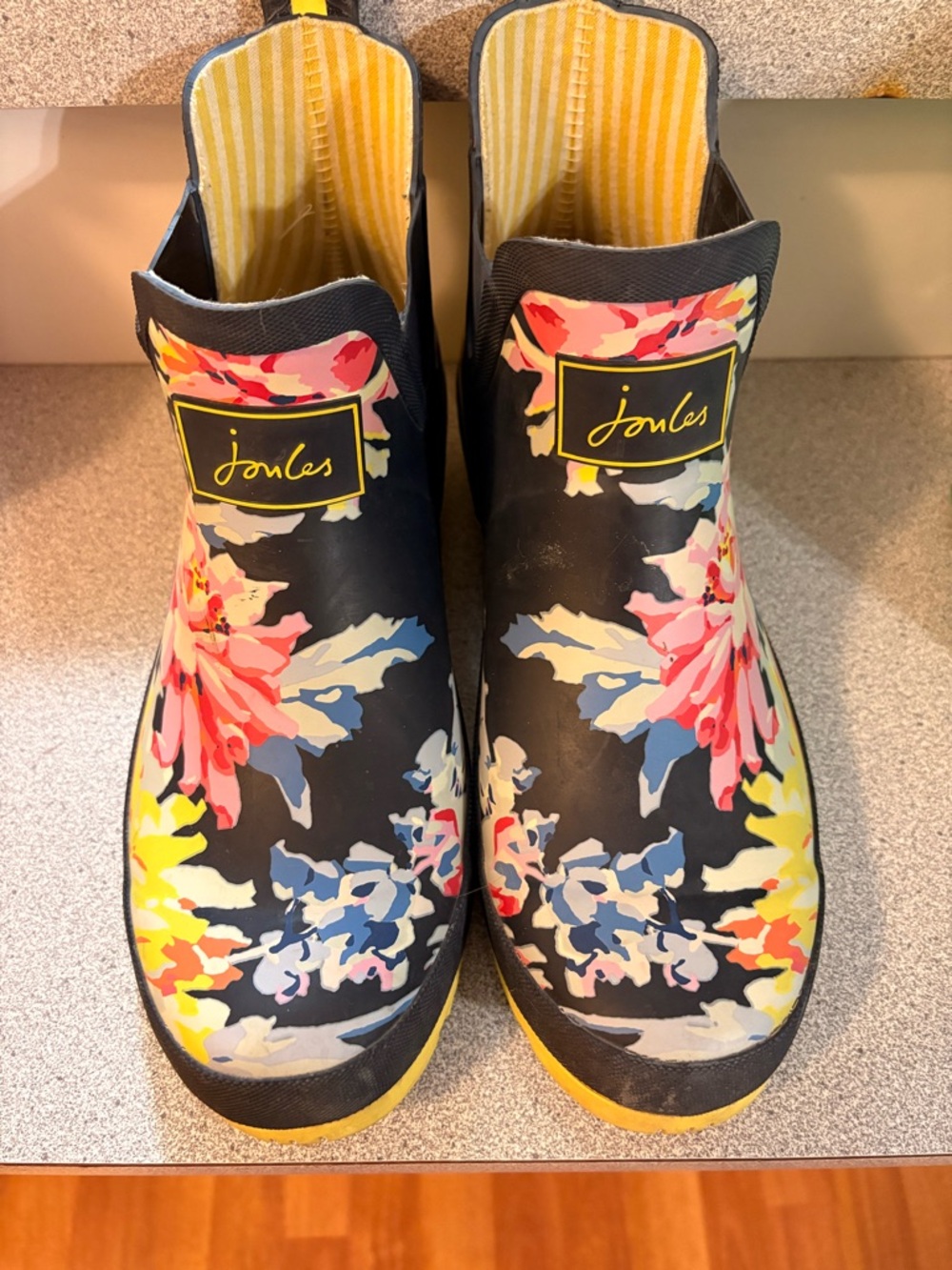 Joules black floral waterproof ankle rain boots for women